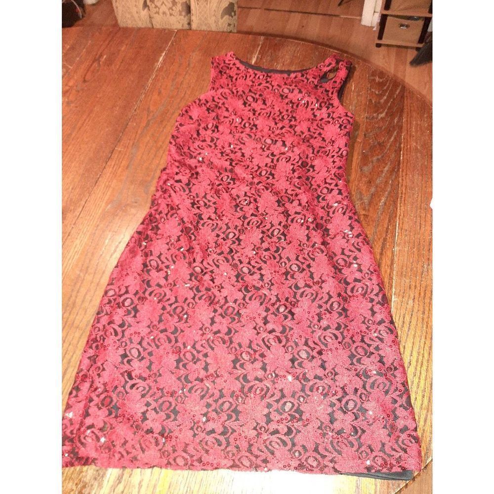 14 Scarlett Sleeveless Red Lace Overlay Black Sequin Special Occasion Dress